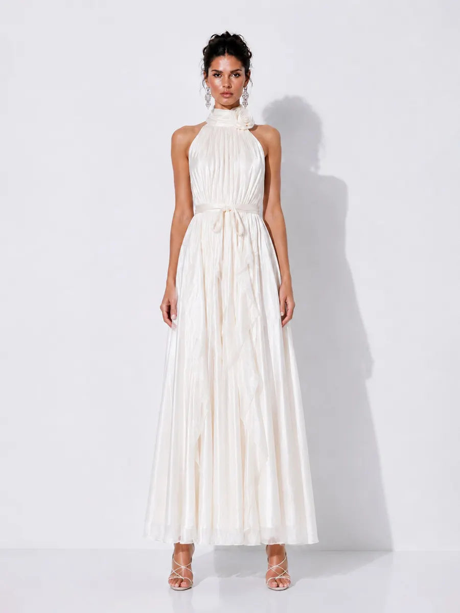 Elena 3D Floral Halter-Neck Pleated Maxi Dress