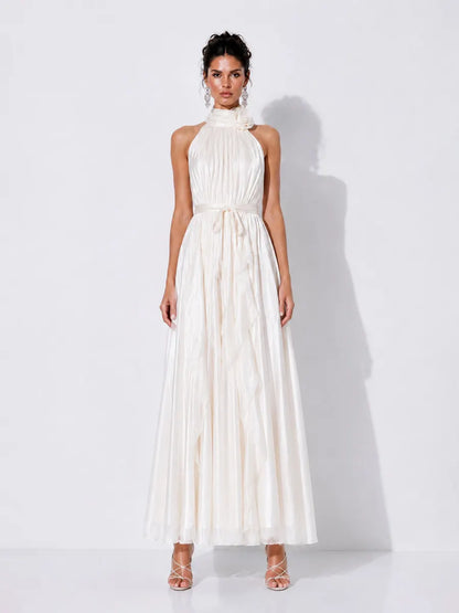 Elena 3D Floral Halter-Neck Pleated Maxi Dress