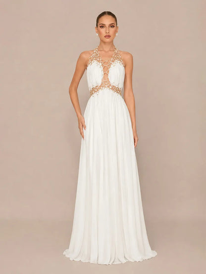 Natalia Handcrafted Deep-V Cut-Out Maxi Dress In White