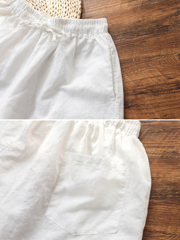 Simple Linen Solid Color Elasticity Waist Loose Knickerbockers&Capri-Pants