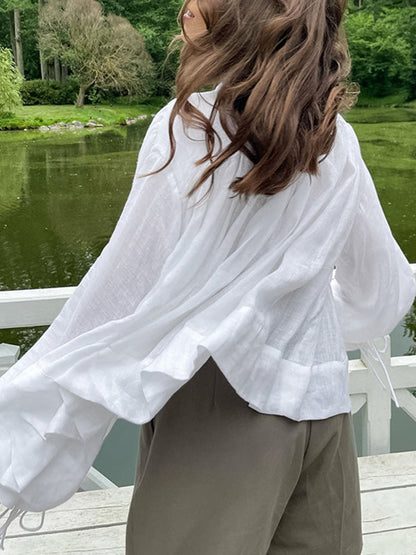 Loose Puff Sleeves Bandage Solid Color Blouses&Shirts Tops