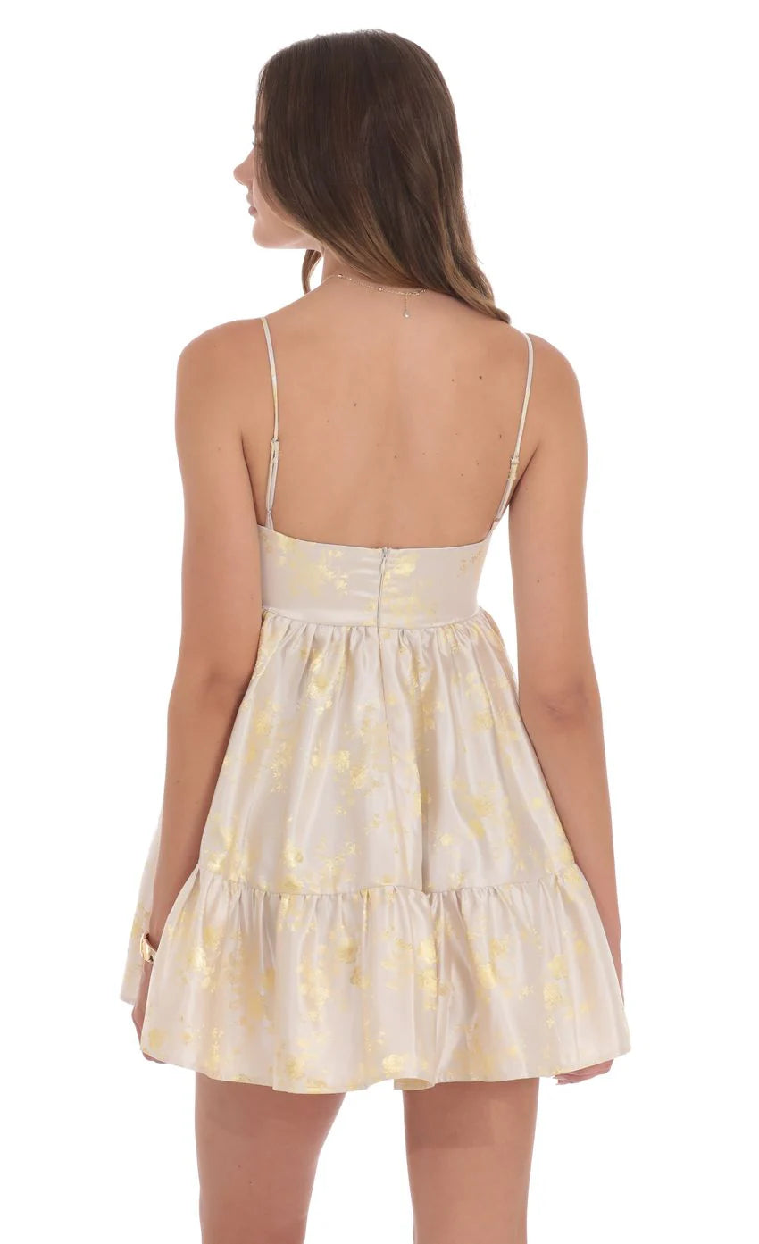 Foiled Bow Babydoll Dress in Champagne