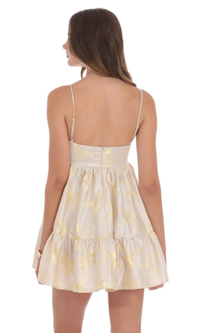 Foiled Bow Babydoll Dress in Champagne
