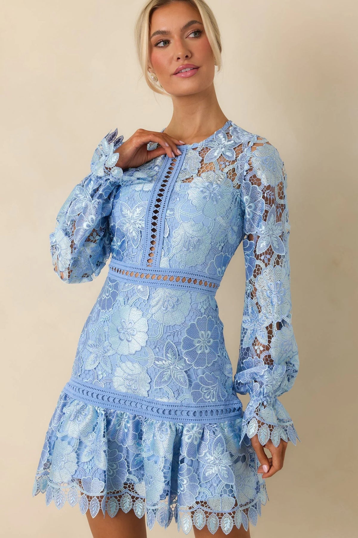 Keep It Authentic Light Blue Floral Embroidered Mini Dress