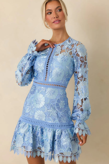 Keep It Authentic Light Blue Floral Embroidered Mini Dress