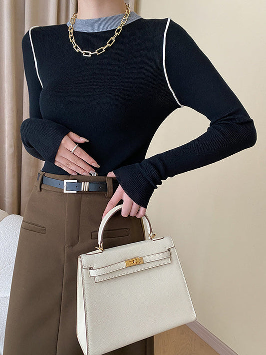 Long Sleeves Skinny Contrast Color Split-Joint Round-Neck Pullovers Sweater Tops