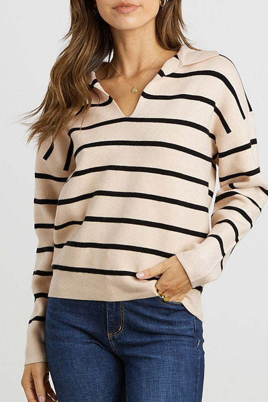 Striped Long Sleeve Polo V Neck Pullover Sweater