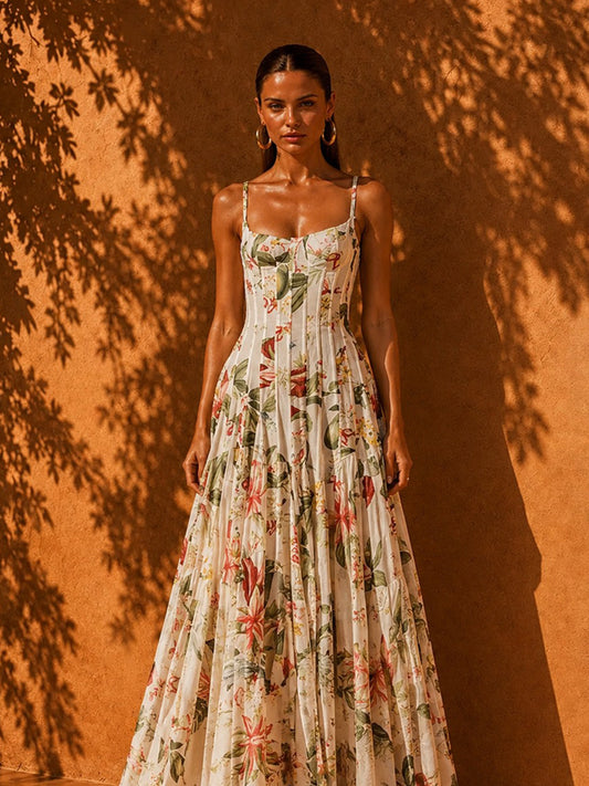 Lucy Sleeveless Printed Waist-Cinching Maxi Dress