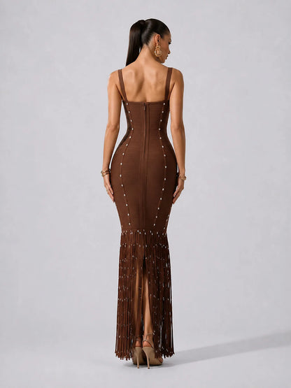 Raquel Sleeveless Diamond Tassel Bandage Brown Maxi Dress