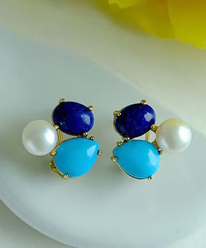 Chic Colorblock Sterling Silver Overgild Turquoise Pearl Stud Earrings