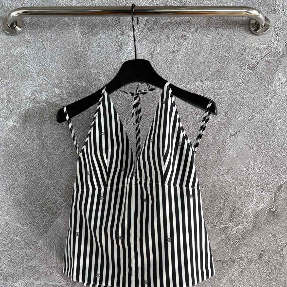 CC Striped Halter Top Black White Cotton
