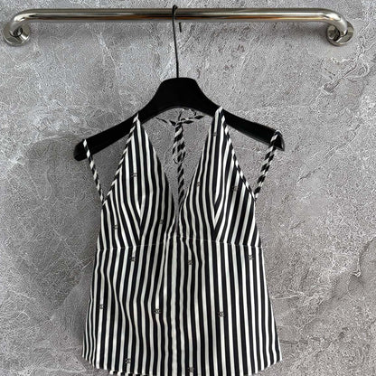 CC Striped Halter Top Black White Cotton