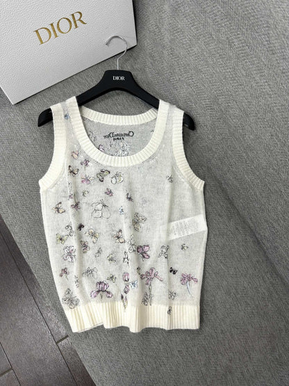 CD Butterfly Embroidered Vest White Alpaca Wool Cashmere 345333