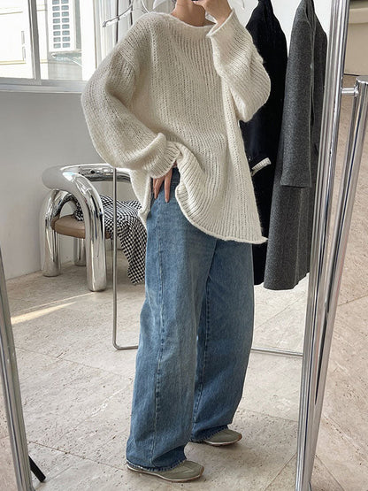 Casual Loose Long Sleeves Split-Side Solid Color High-Neck Sweater Tops