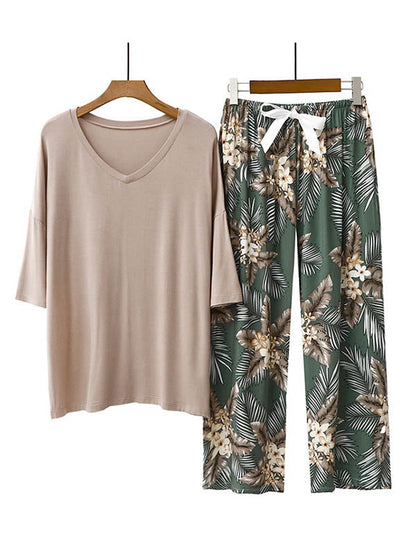 Casual Loose Seven-Quarter Sleeves V-Neck Shirts& Printed Pants Pajama Sets