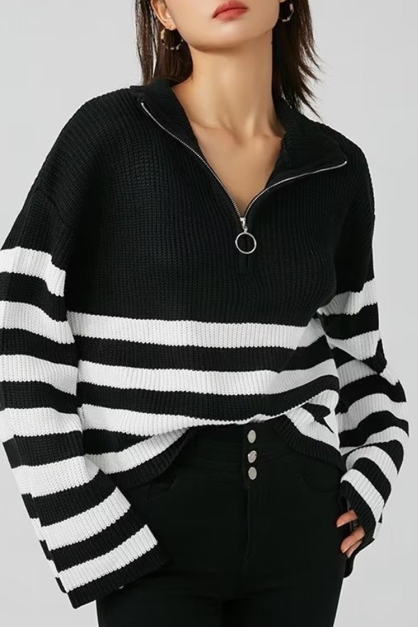 Turtleneck Zipper Striped Cardigan Sweater