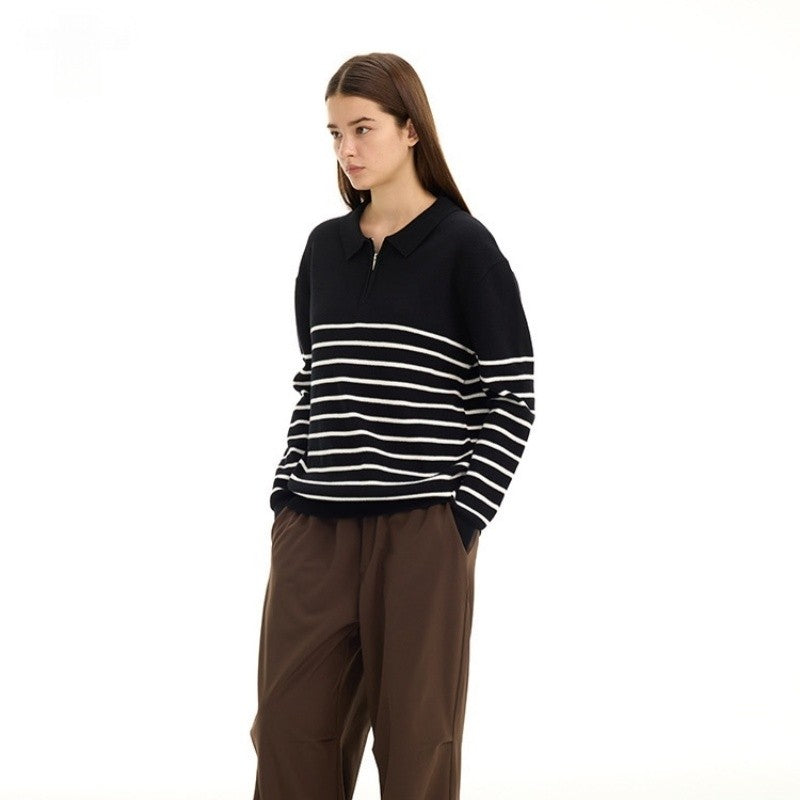 Color Block Striped Semi Zip Polo Shirt