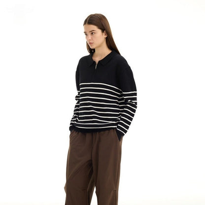 Color Block Striped Semi Zip Polo Shirt