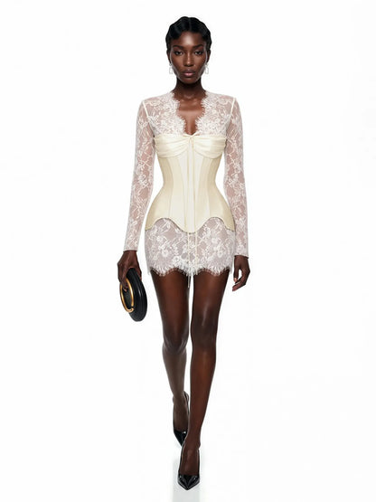 Thea White Ruched Top & Semi Sheer Lace Mini Dress Set