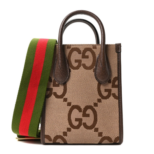 Monogram Jumbo GG Textured Dollar Calfskin Web Mini Vertical Tote Camel Ebony New Acero