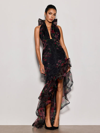 Raquel Halterneck Floral Ruffle Maxi Dress