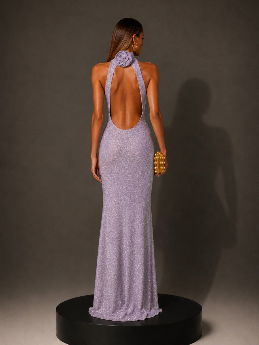 Ingrid Shimmering Backless Maxi Dress In Purple