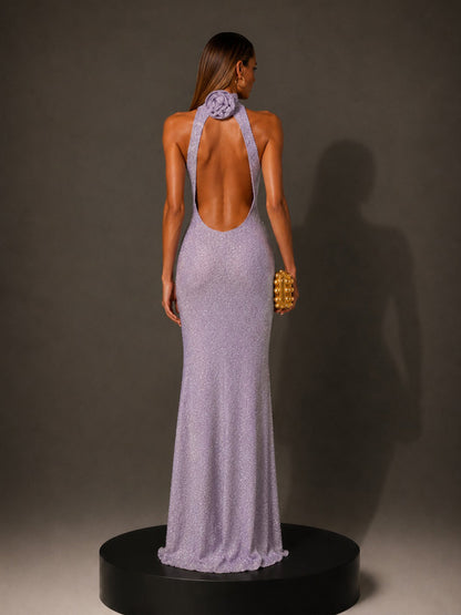 Ingrid Shimmering Backless Maxi Dress In Purple