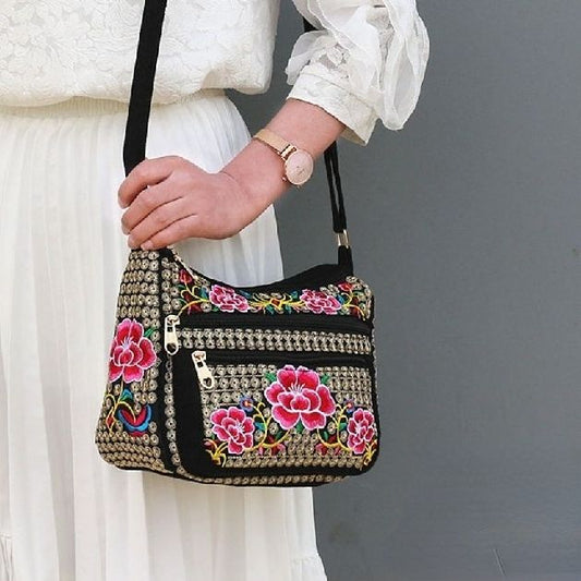 New Ethnic Style Women'S Embroidery Bag Large Capacity Multi Layer Embroidery One Shoulder Crossbody Cosmetic Bag