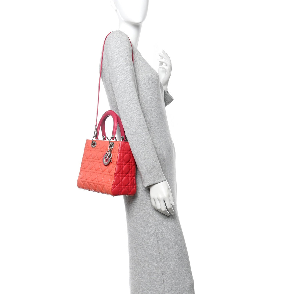 Lambskin Cannage Medium Bi-Color Lady Dior Orange Fuchsia
