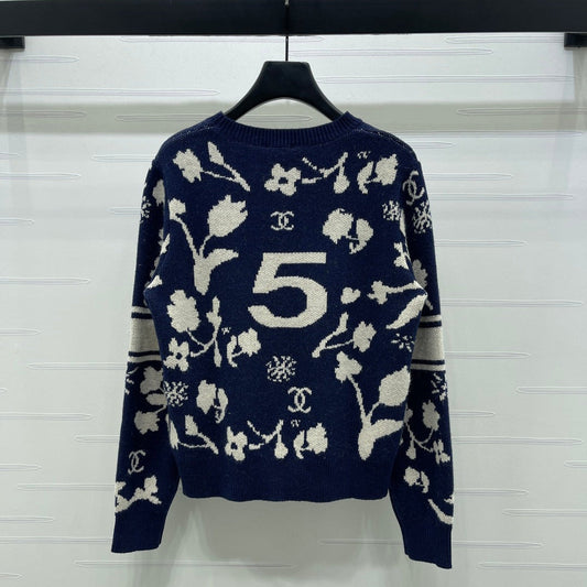 CC Double C Floral Jacquard Long-Sleeved Sweater Navy Blue Cashemere 344097