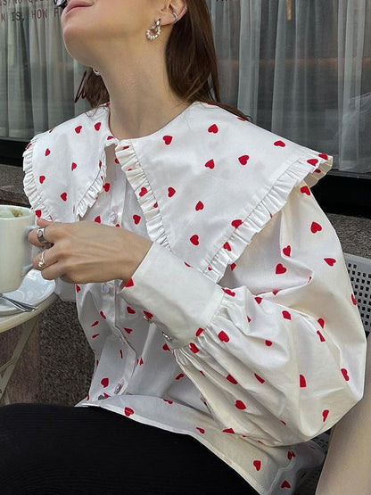 Loose Contrast Color Doll Collar Heart Print Blouses&Shirts Tops