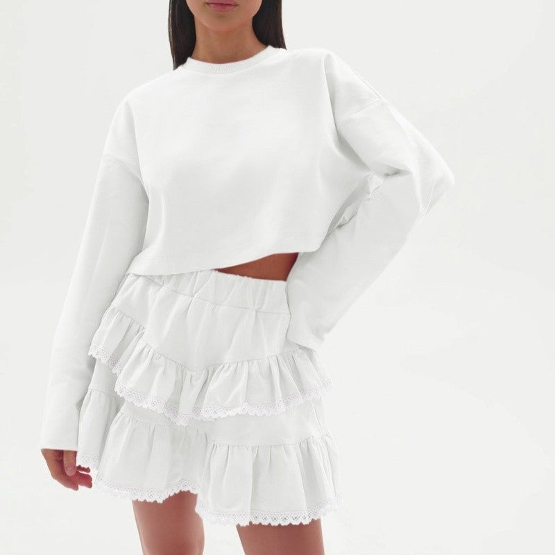 Color Block Crop Hoodie Lace Skirt Set