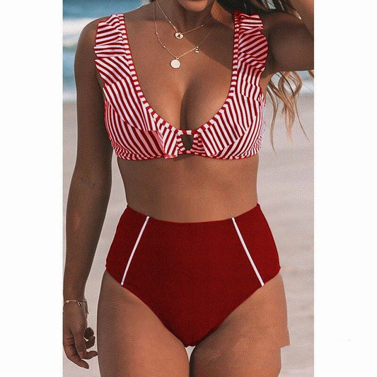 Bikini Stripe Solid Color Lotus Leaf Flash High Waist Split Swimsuit