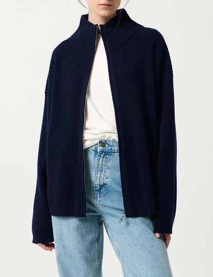 Simple Ribbed Knit Mock Neck Zip Up Cardigan