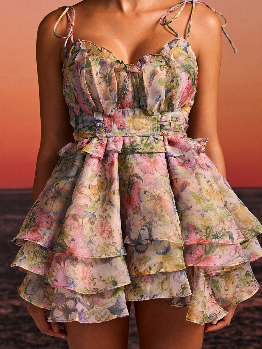 Celeste Lace Up Butterfly Printed Mini Dress