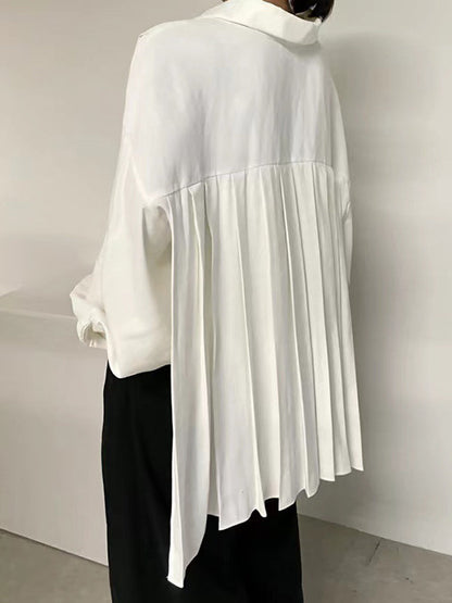 Loose Wrap Buttoned Pleated Solid Color Lapel Blouses&Shirts Tops
