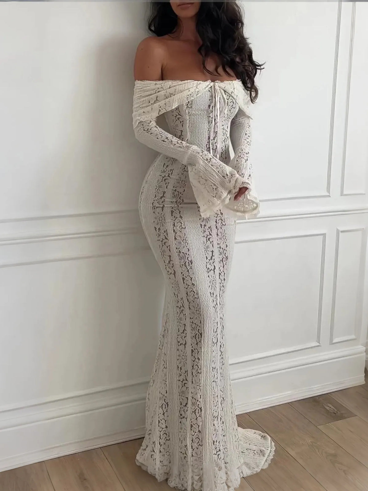 Celeste Ivory Off Shoulder Lace Corset Maxi Dress
