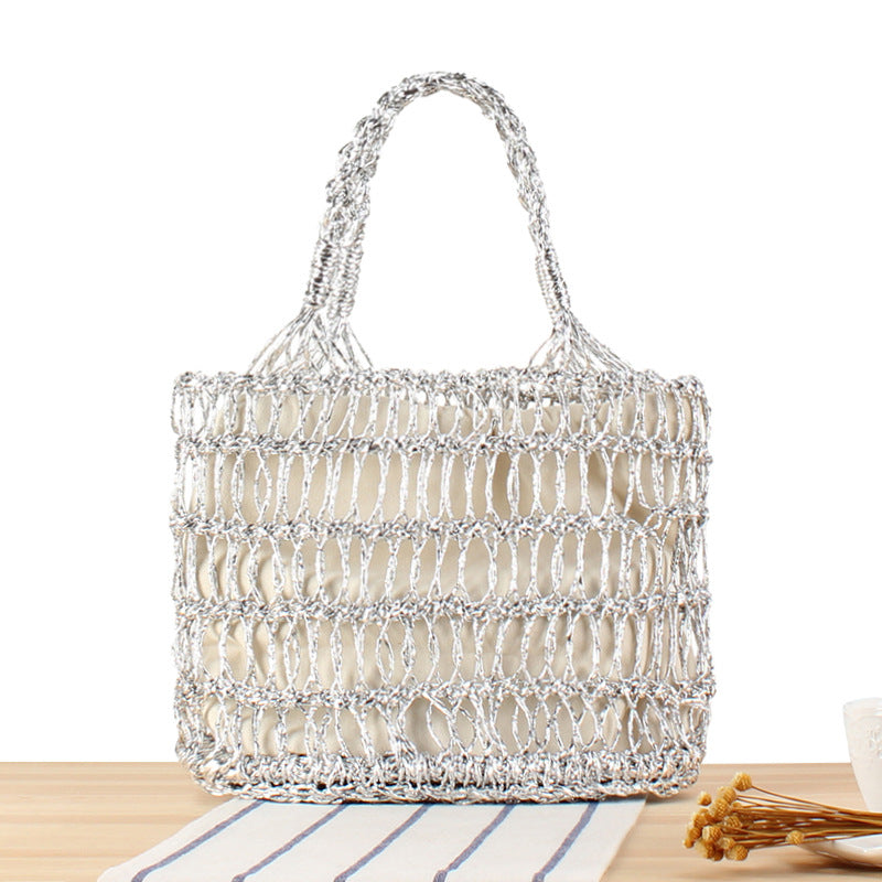 Crochet Market Bag Gold Silver Thread Hollow Woven Bag