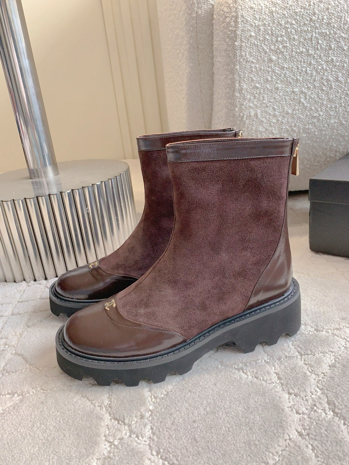 CC New Platform Ankle Boots Dark Burgundy Suede Glossy Sheepskin