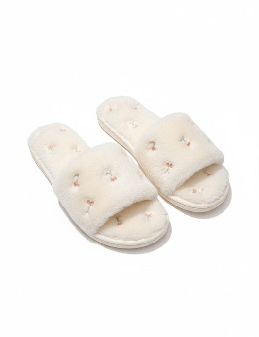 Cherry Embroidery Open Toe Plush Slippers