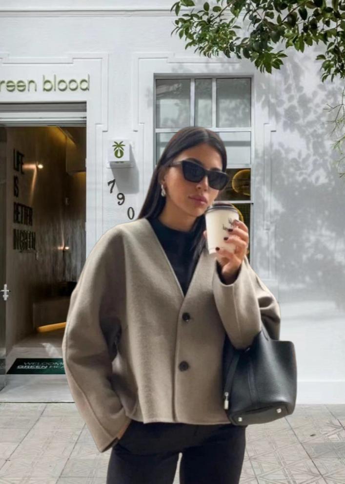 Minimalist V Neck Woolen Coat Wide Silhouette