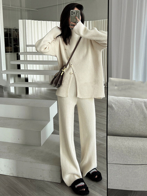 Casual Loose Solid Color Half Turtleneck Sweater Tops & Wide Leg Pants Suits