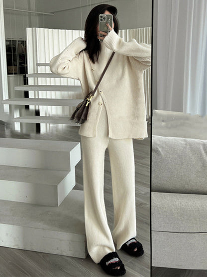 Casual Loose Solid Color Half Turtleneck Sweater Tops & Wide Leg Pants Suits