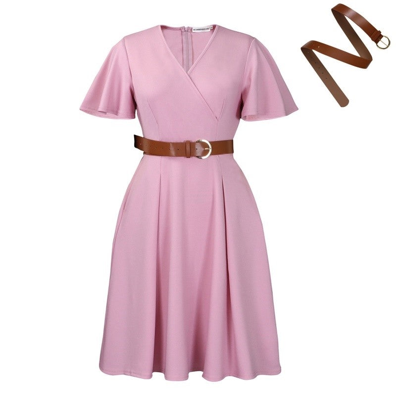 V-Neck Flared Sleeve A-Line Dress