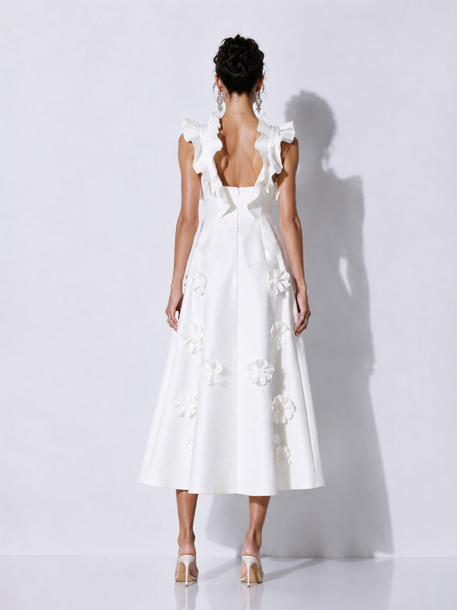 Hazel Elegant 3D Floral Ruffle Maxi Dress