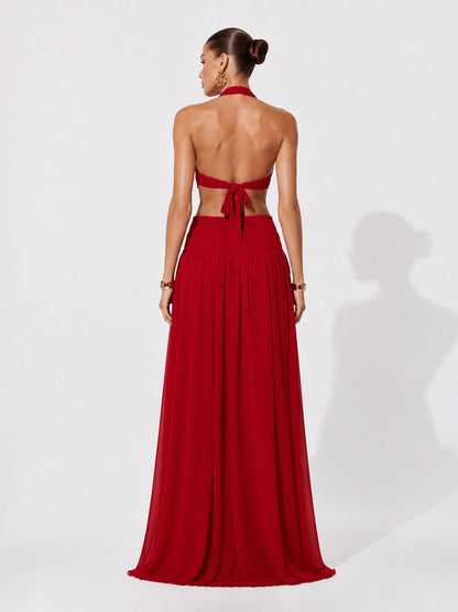 Olivia Pleated Halter-Neck Maxi Dress with Ties
