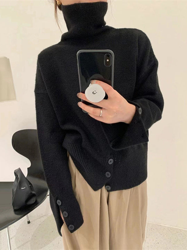 Simple Loose Long Sleeves Solid Color High-Neck Sweater Tops