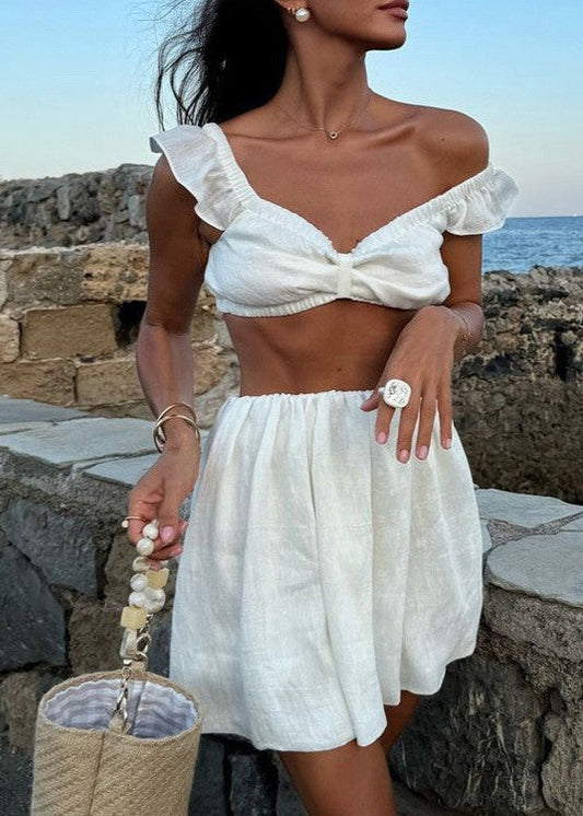 Two Piece Linen Set Off Shoulder Crop Top And Skirt