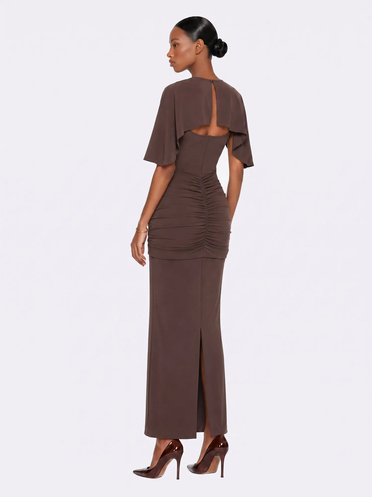 Audrey Draped Cape Ruched Maxi Dress