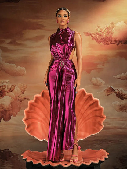 Ingram Sleeveless Draped Split Metallic Maxi Dress